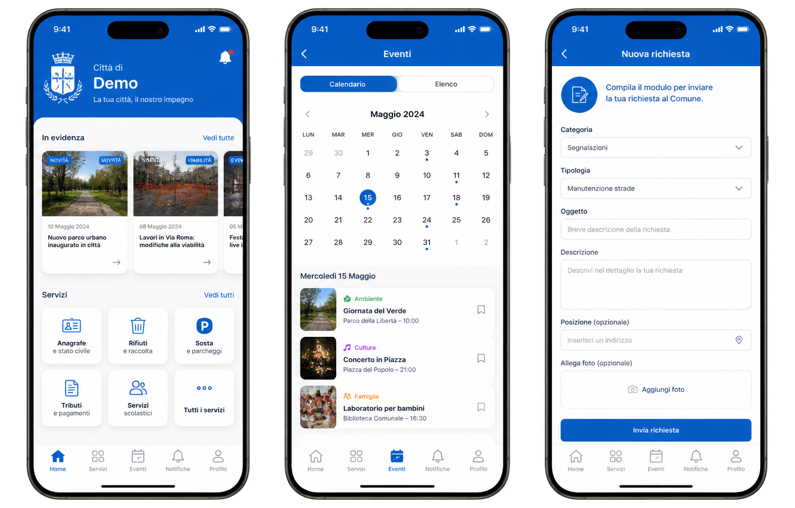 Mockup dell'app Comunika su tre smartphone